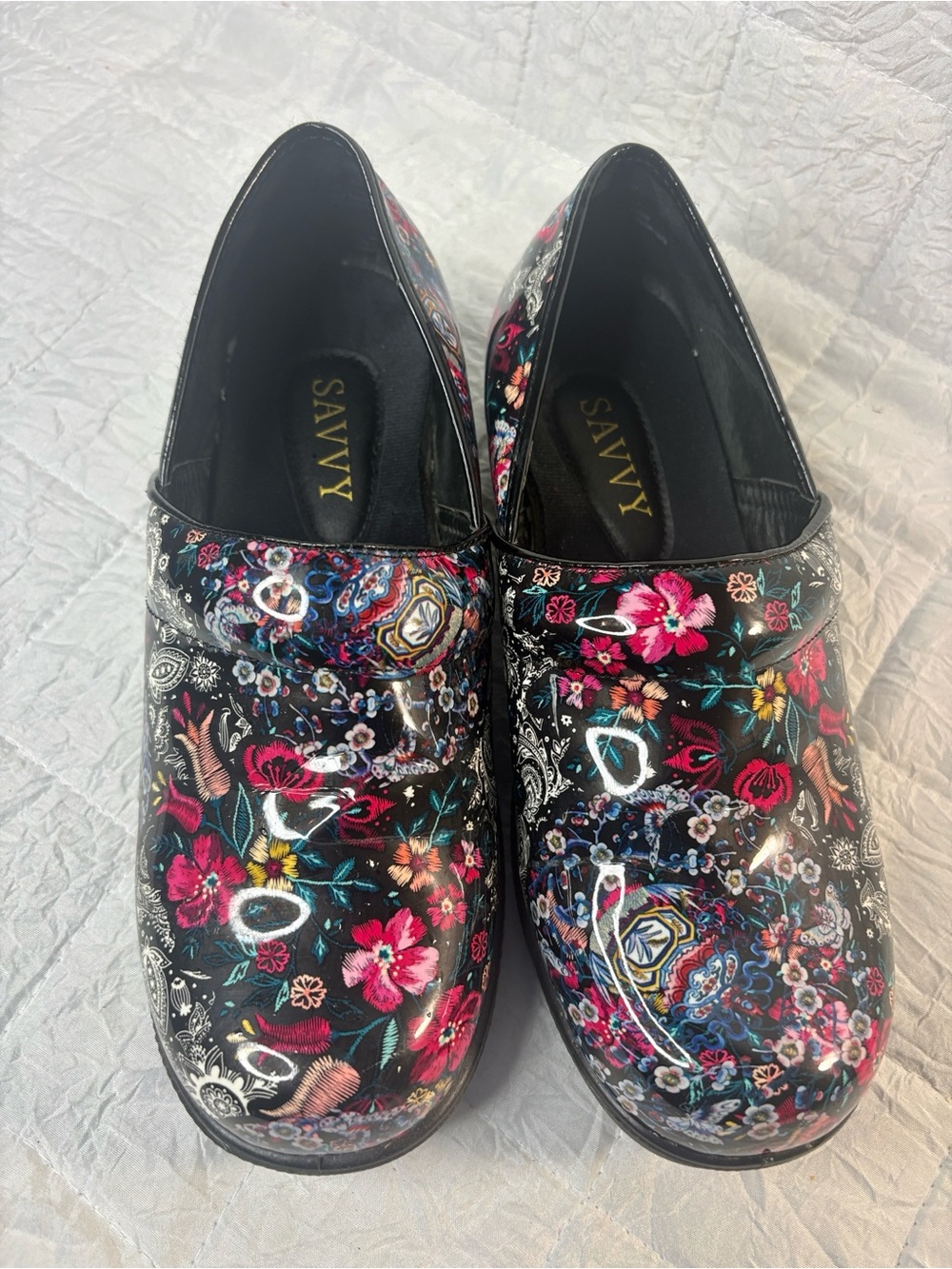 Savvy Black Floral Patent Slip-On Clogs